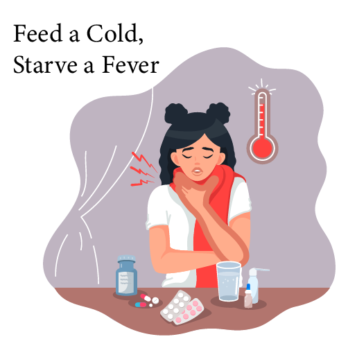 A sick girl having throat pain and fever standing in front of a table with plenty of medicines.